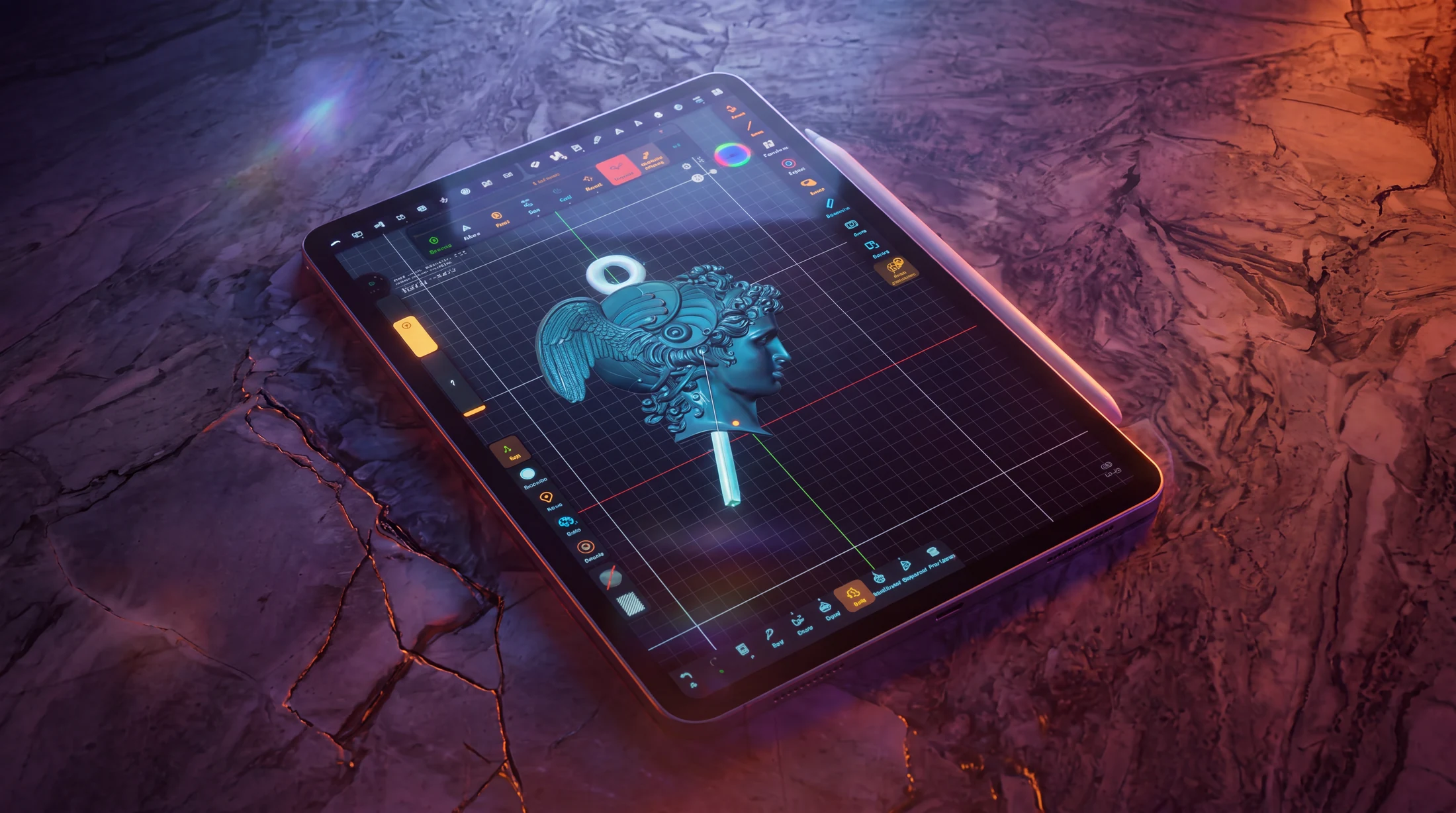 Digital jewelry sculpture taking shape on a tablet interface