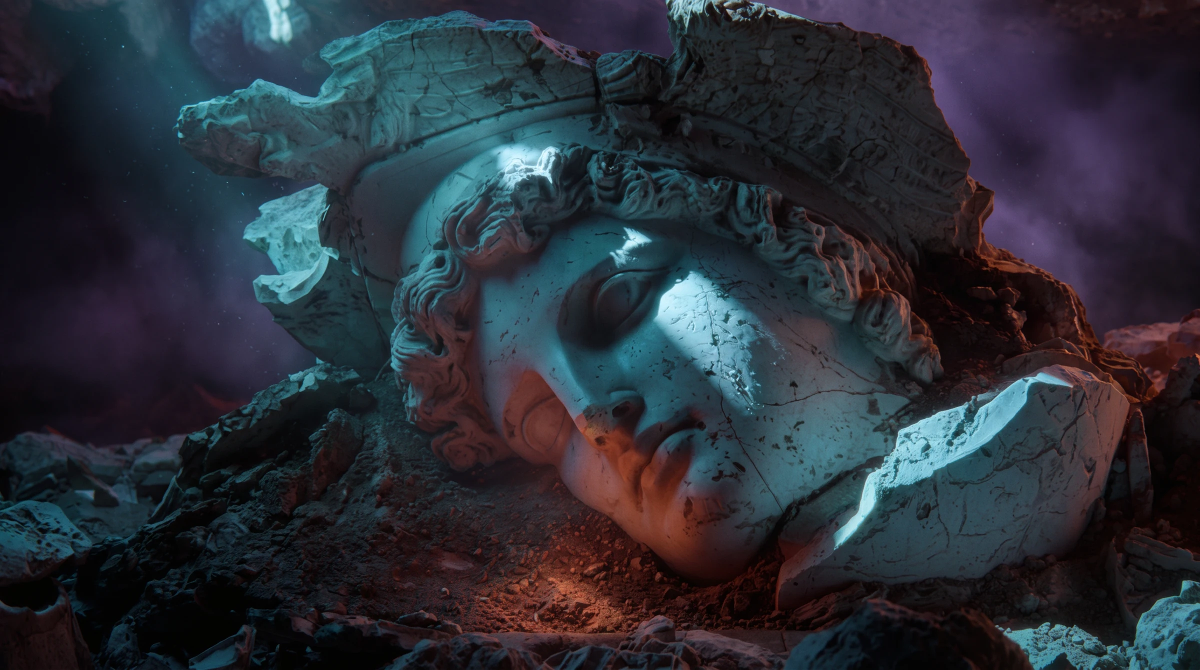 A monumental carved face emerging from fractured stone under blue and amber light