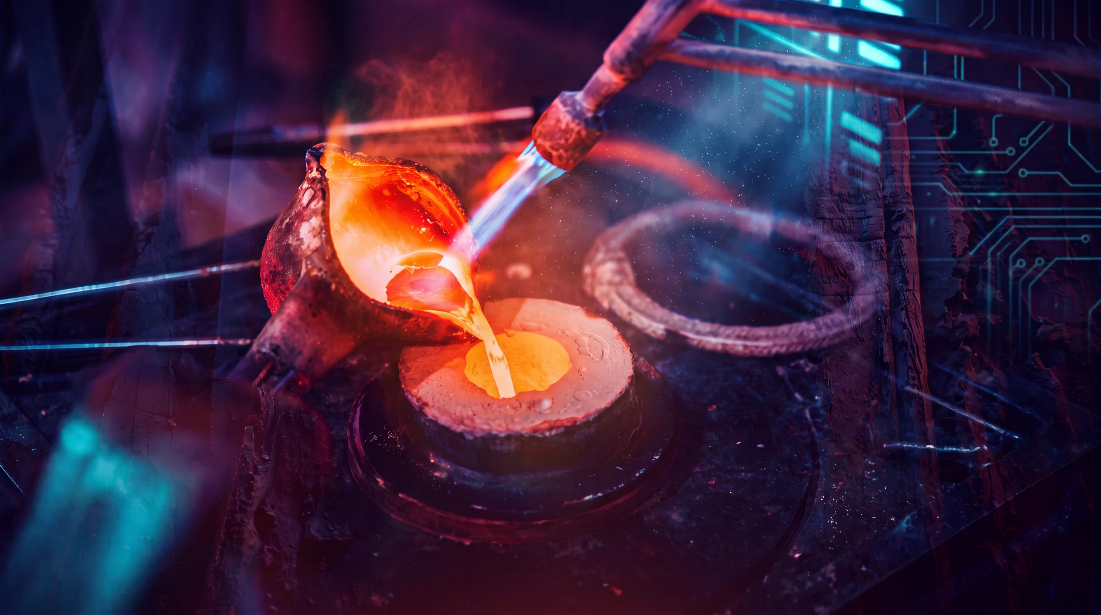 Glowing molten material and furnace light in an abstract metal process study