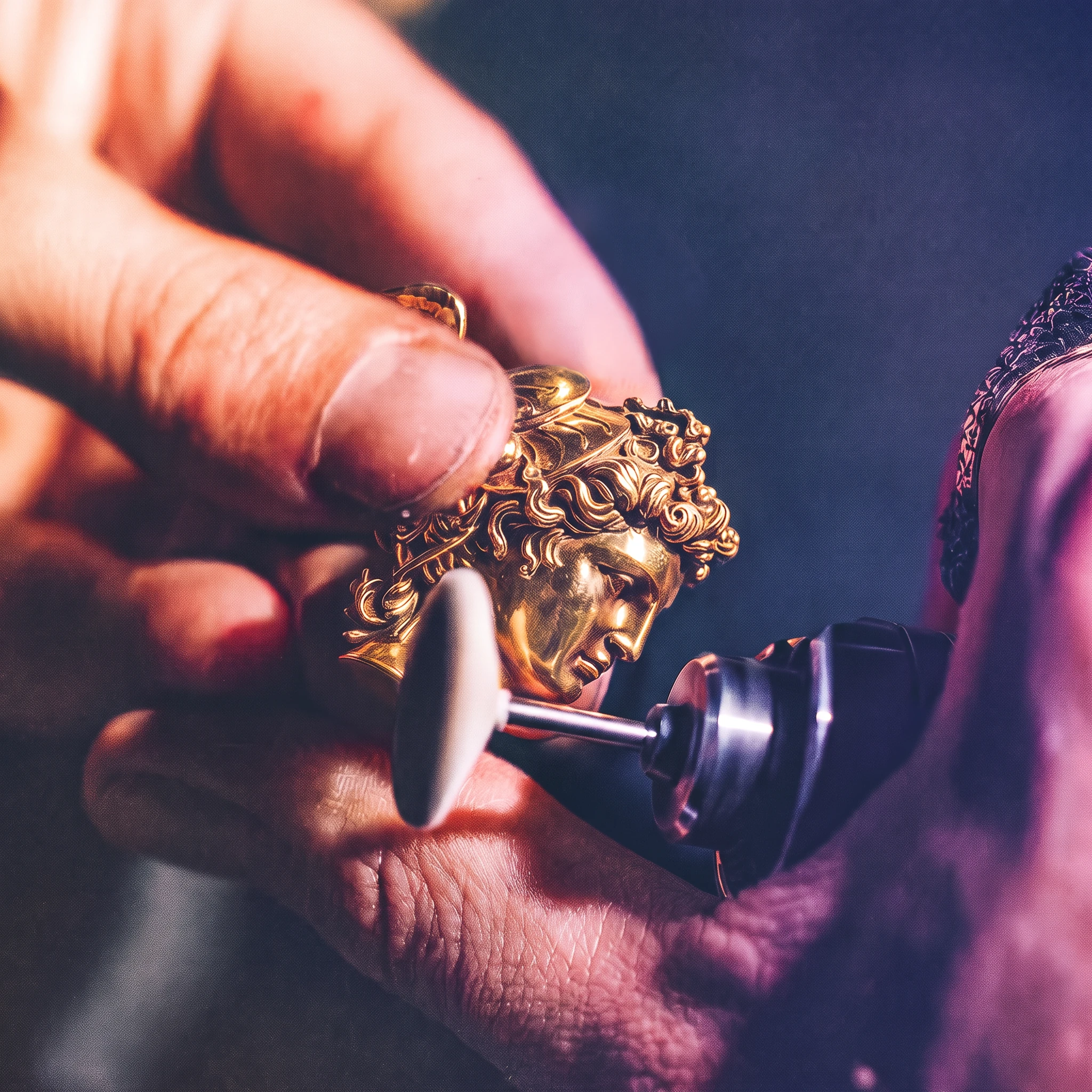 A gold Frank Wilder Totem being polished by hand with a rotary tool